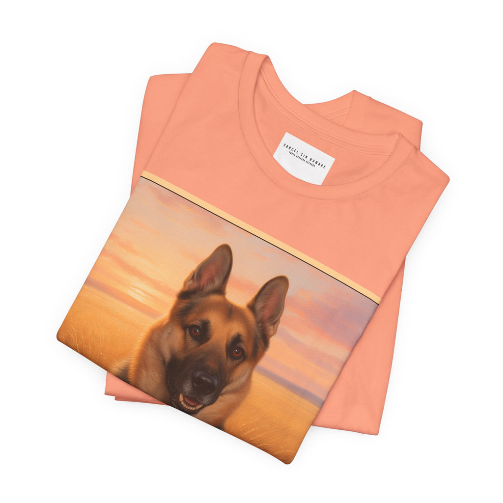 Corcel Sin Nombre | German Shepherd Portrait Tee | Dog Memorial Shirt with Sunset Photo