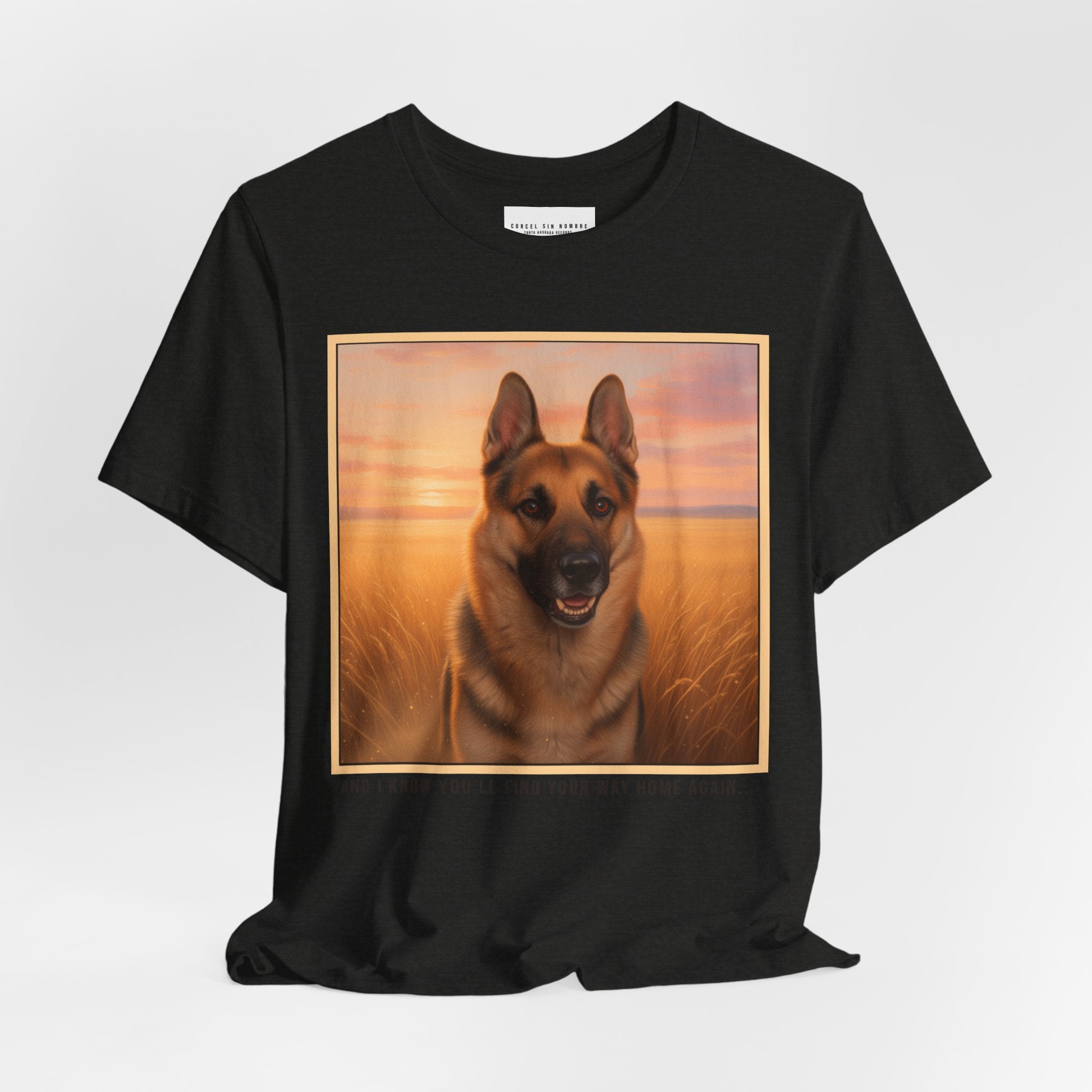 Corcel Sin Nombre | German Shepherd Portrait Tee | Dog Memorial Shirt with Sunset Photo