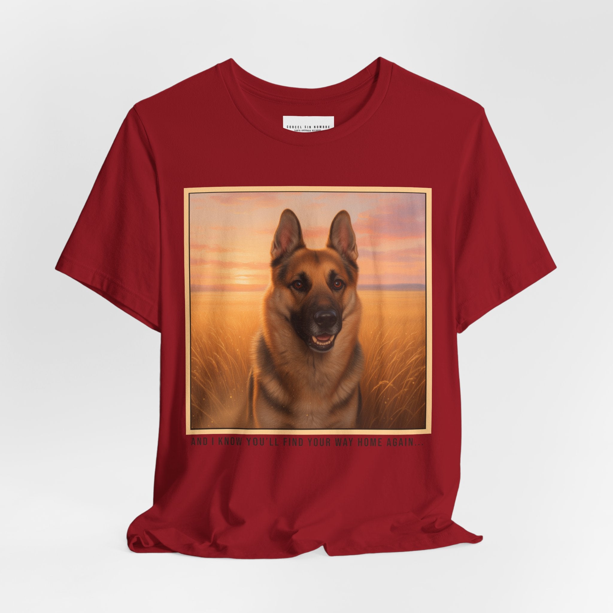 Corcel Sin Nombre | German Shepherd Portrait Tee | Dog Memorial Shirt with Sunset Photo
