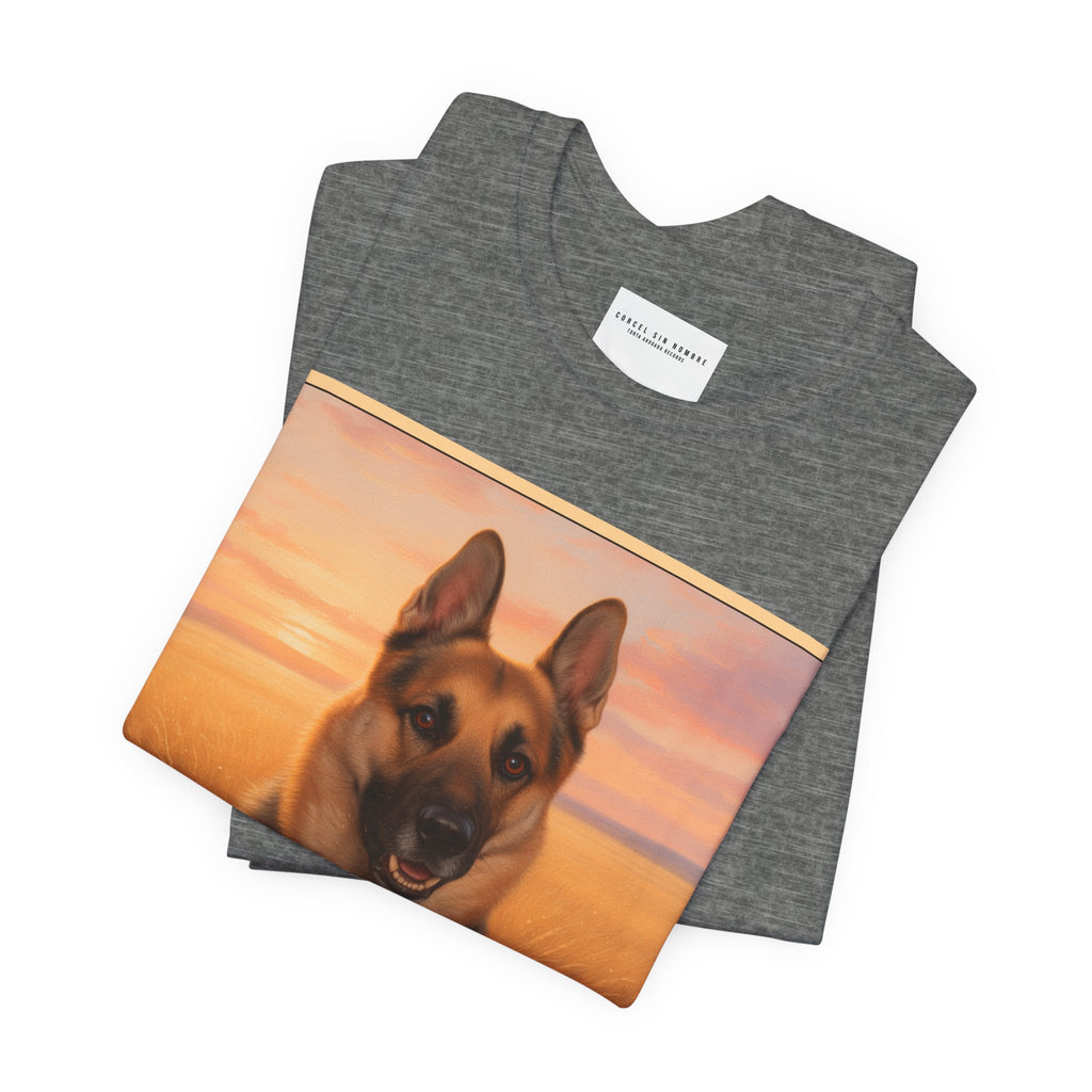 Corcel Sin Nombre | German Shepherd Portrait Tee | Dog Memorial Shirt with Sunset Photo