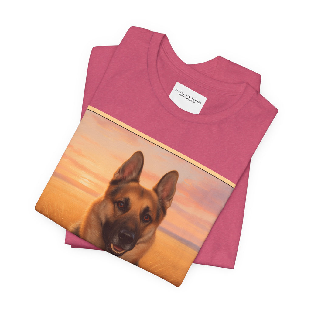 Corcel Sin Nombre | German Shepherd Portrait Tee | Dog Memorial Shirt with Sunset Photo