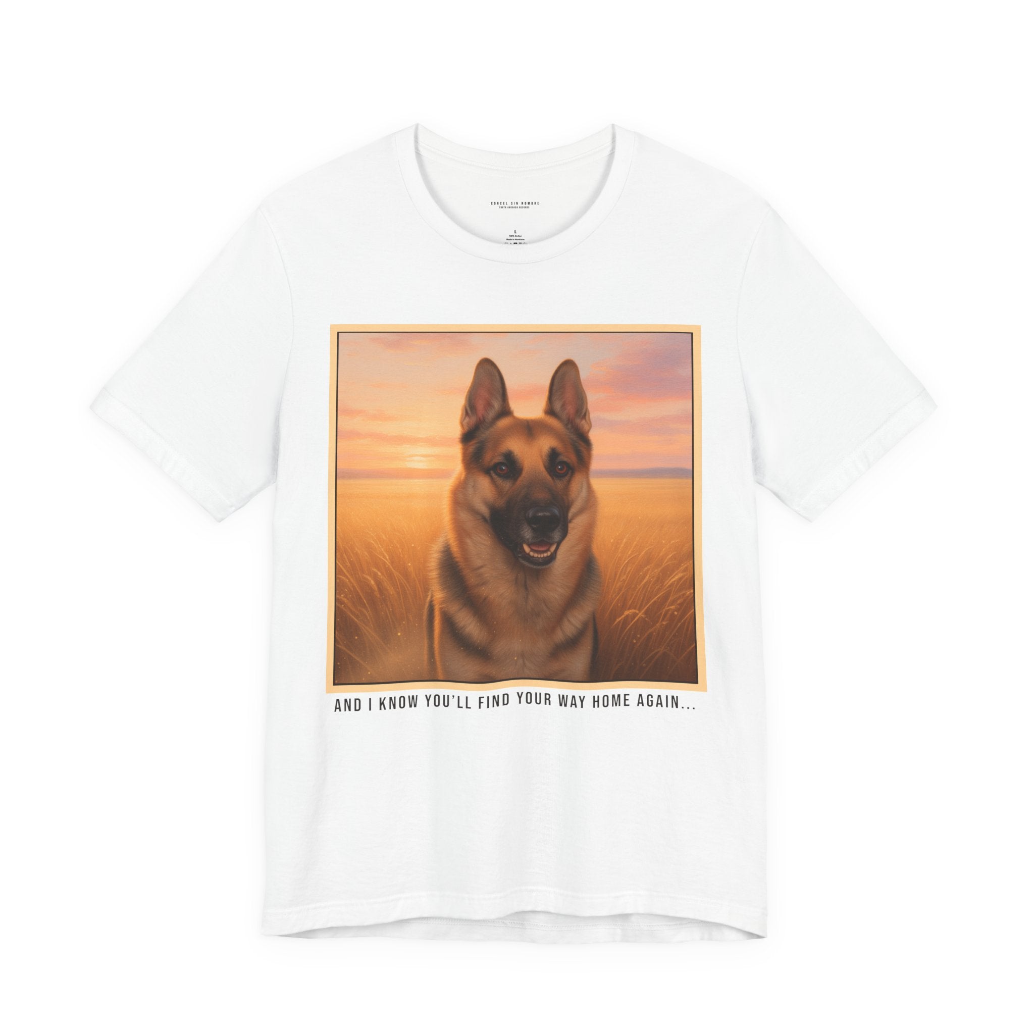 Corcel Sin Nombre | German Shepherd Portrait Tee | Dog Memorial Shirt with Sunset Photo