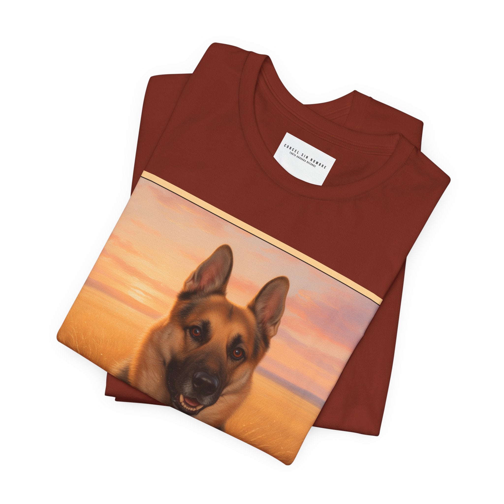 Corcel Sin Nombre | German Shepherd Portrait Tee | Dog Memorial Shirt with Sunset Photo