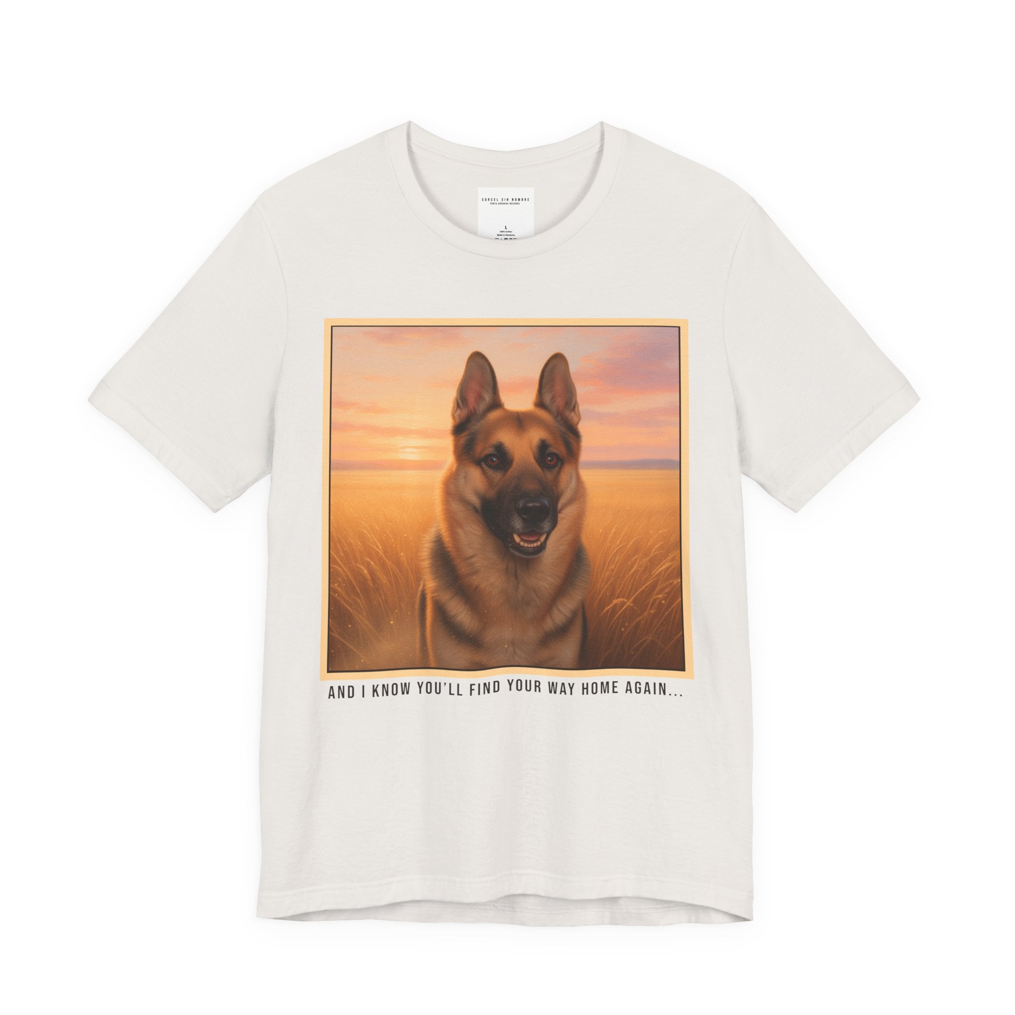 Corcel Sin Nombre | German Shepherd Portrait Tee | Dog Memorial Shirt with Sunset Photo