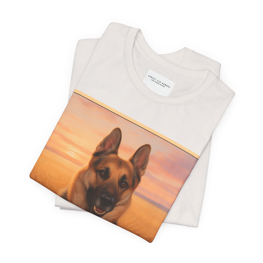 Corcel Sin Nombre | German Shepherd Portrait Tee | Dog Memorial Shirt with Sunset Photo