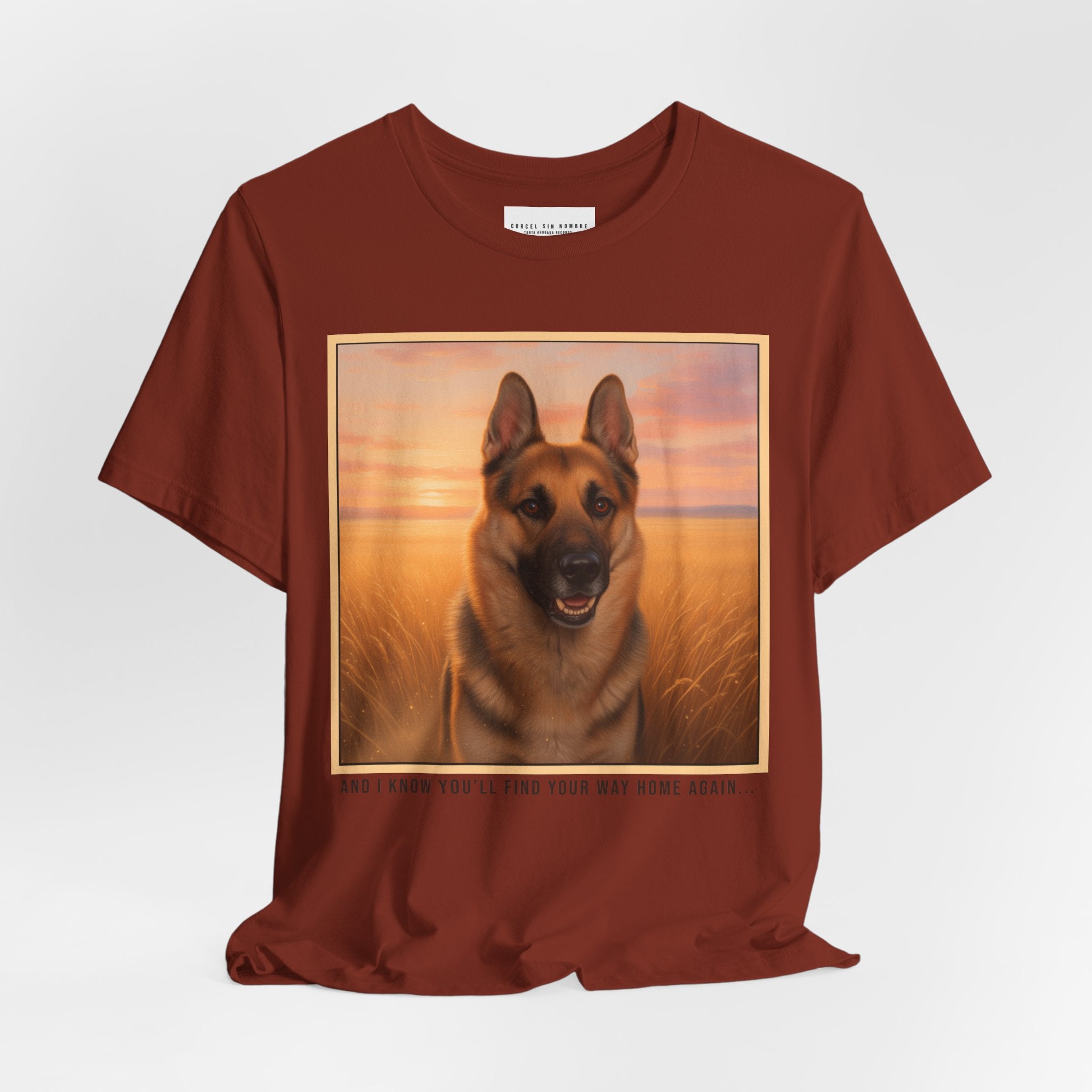 Corcel Sin Nombre | German Shepherd Portrait Tee | Dog Memorial Shirt with Sunset Photo